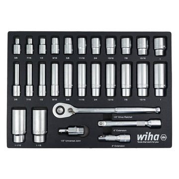 28 Piece 1/2" Drive Professional Standard and Deep Socket Tray Set - SAE