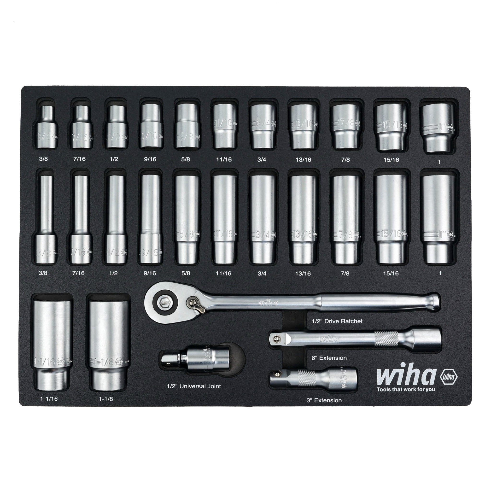 28 Piece 1/2" Drive Professional Standard and Deep Socket Tray Set - SAE